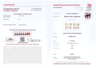 Certificate Set of contrasting pink-green tourmalines in octagon cut 9.34 ct
