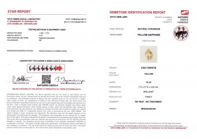 Certificate Unheated yellow pear-cut sapphire 0.82 carats, Madagascar