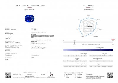 Certificate Investment Royal Blue sapphire 56.62 carats in cushion cut, Sri Lanka 