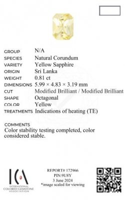 Certificate Yellow sapphire radiant cut 0.81 carat, Sri Lanka