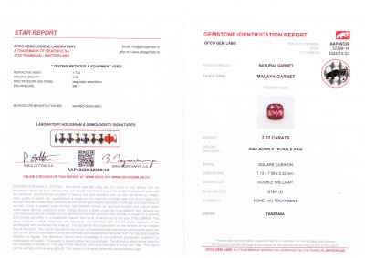 Certificate Rare Malaya garnet in cushion cut 2.22 carats, Tanzania
