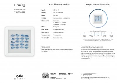 Certificate Set of aquamarines Santa Maria marquise cut 3.54 carats, Madagascar