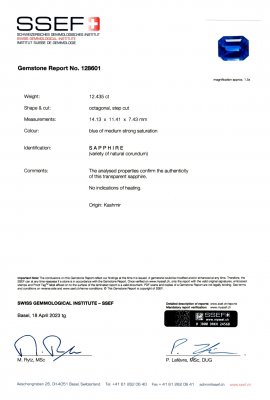 Certificate Unheated Intense Cornflower Blue sapphire in octagon cut 12.43 carats, Kashmir SSEF / Gubelin / GRS
