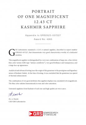 Certificate Unheated Intense Cornflower Blue sapphire in octagon cut 12.43 carats, Kashmir SSEF / Gubelin / GRS