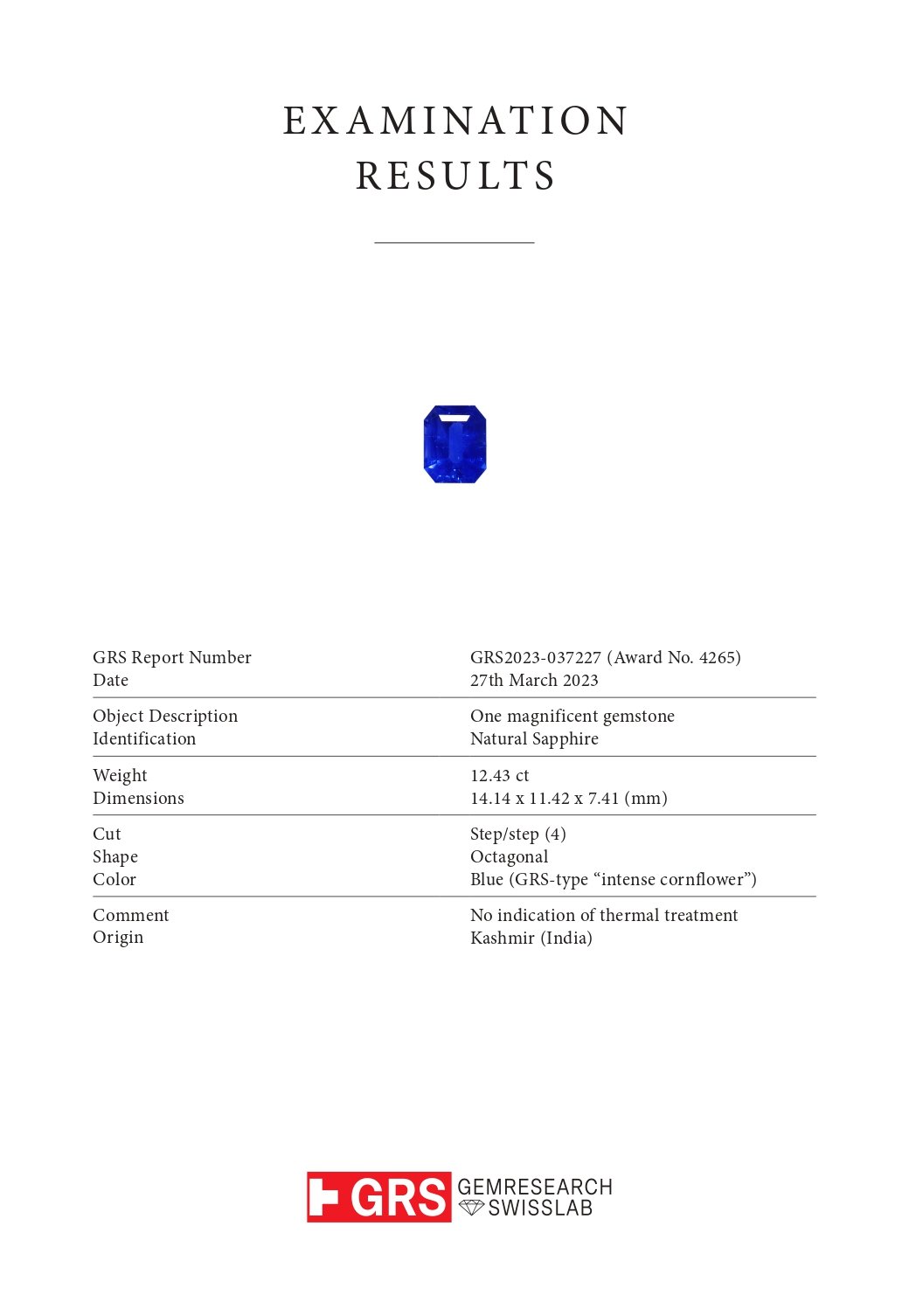 Unheated Intense Cornflower Blue sapphire in octagon cut 12.43 carats, Kashmir SSEF / Gubelin / GRS Image №8