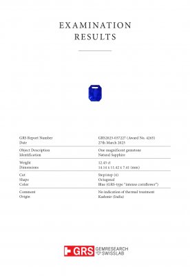 Certificate Unheated Intense Cornflower Blue sapphire in octagon cut 12.43 carats, Kashmir SSEF / Gubelin / GRS