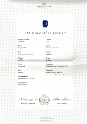 Certificate Unheated Intense Cornflower Blue sapphire in octagon cut 12.43 carats, Kashmir SSEF / Gubelin / GRS