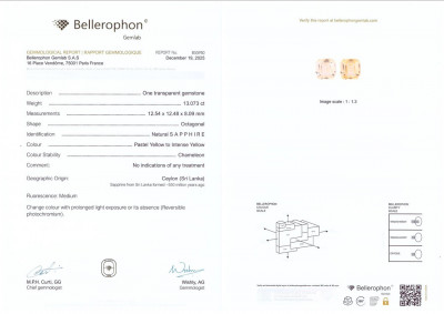 Certificate Unheated Intense Yellow sapphire in octagon 13.07 carats, Sri Lanka