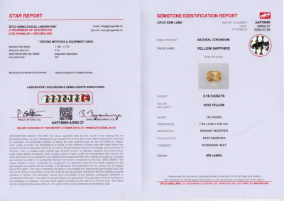 Certificate Sapphire Vivid Yellow radiant cut 2.18 carats, Sri Lanka