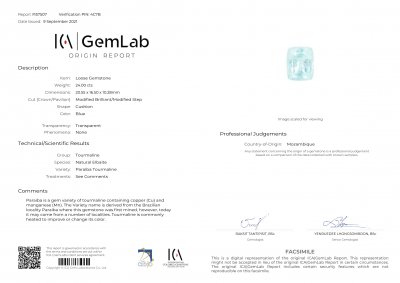 Certificate Large 24.00 carat cushion cut Paraiba blue tourmaline, Mozambique