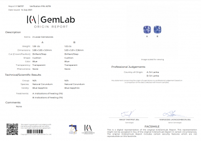 Certificate Pair of blue sapphires 2.10 ct cushion cut, Sri Lanka