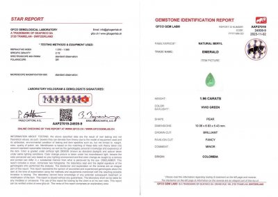 Certificate Vivid Green emerald from Colombia in pear cut 1.96 ct