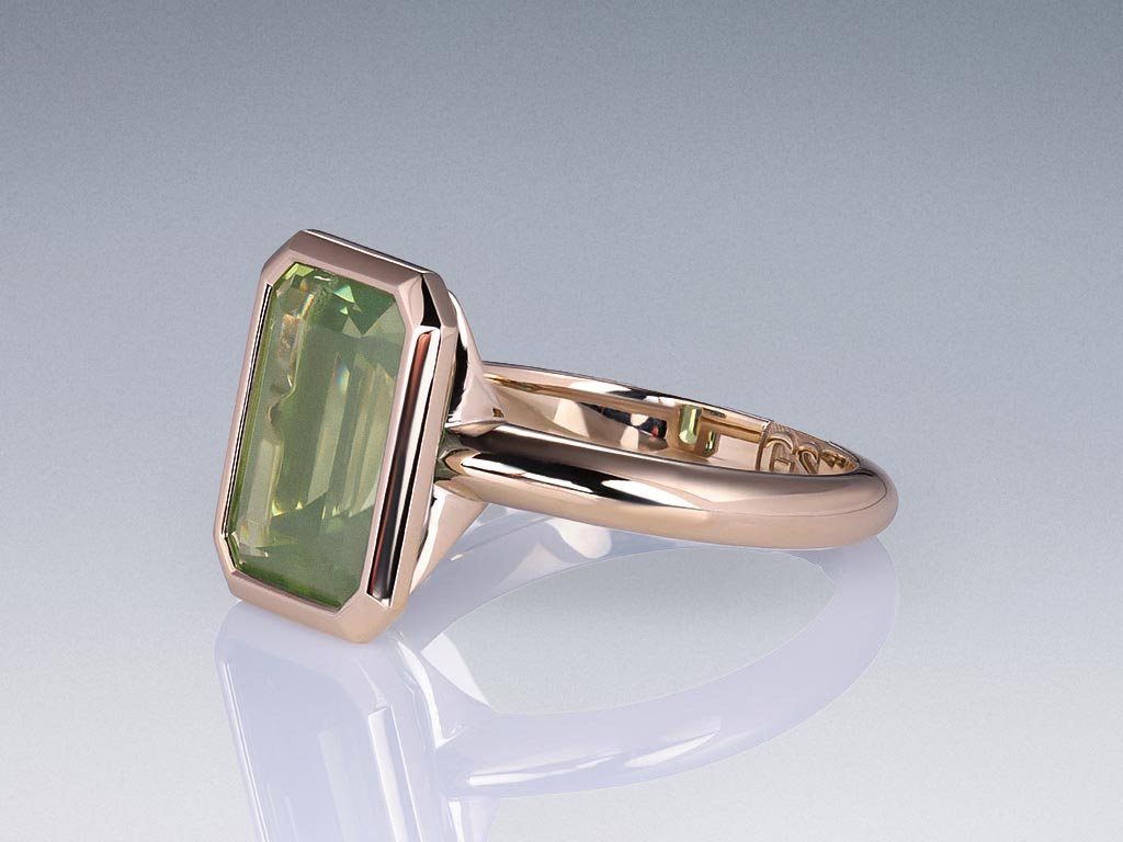 Ring with a unique green zircon 7.40 ct in 18K gold champagne color Image №3