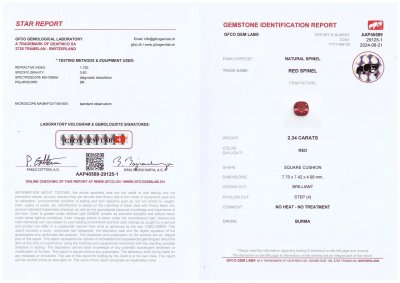 Certificate Intense red cushion-cut spinel 2.34 carats, Burma 