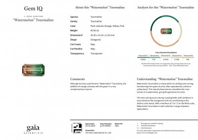 Certificate Watermelon (bi-color) octagon cut tourmaline 40.58 carats