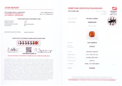 Certificate Cushion cut hessonite garnet 2.97 carats, Tanzania