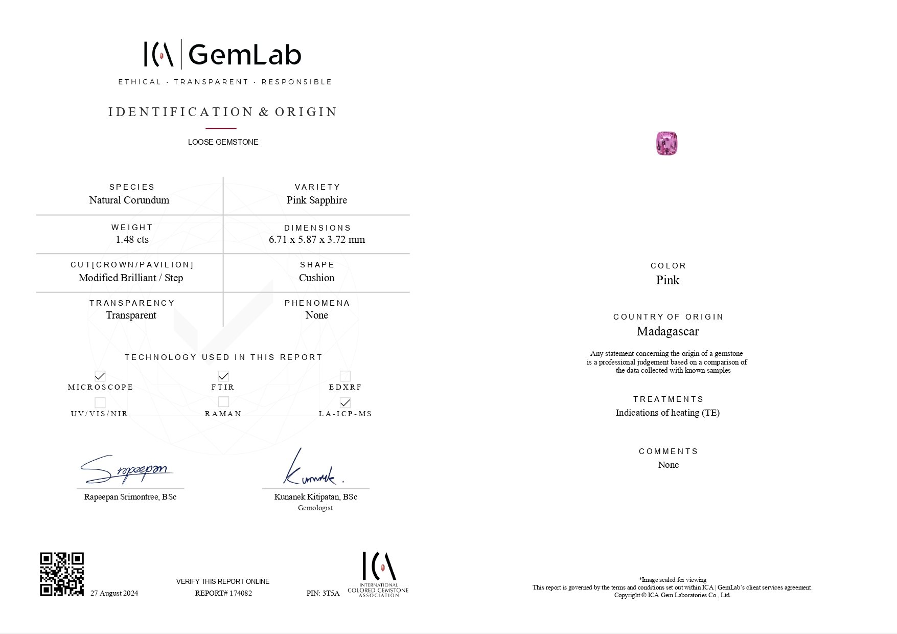 Pink sapphire cushion cut 1.48 carats, Madagascar GIA, ICA Image №7