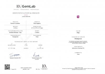 Certificate Pink sapphire cushion cut 1.48 carats, Madagascar GIA, ICA