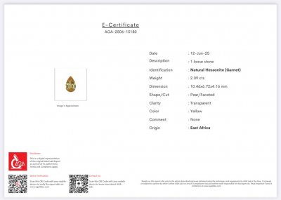 Certificate Garnet hessonite pear cut 2.09 carats, Africa