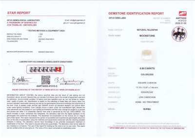 Certificate Moonstone cabochon cut 6.60 carats, Burma