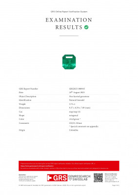 Certificate Pair of Muzo Vivid Green emeralds in octagon cut 7.08 carats, Colombia 