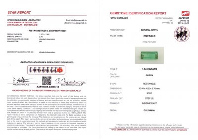 Certificate Vibrant green emerald from Colombia in baguette cut 1.54 ct