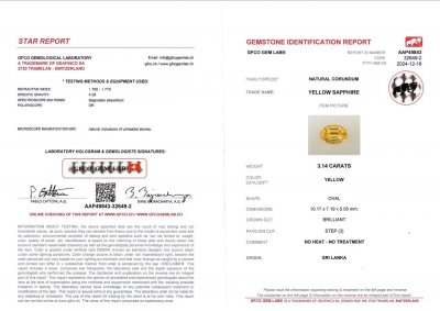 Certificate Unheated intense yellow sapphire in oval cut 3.14 carats, Sri Lanka 