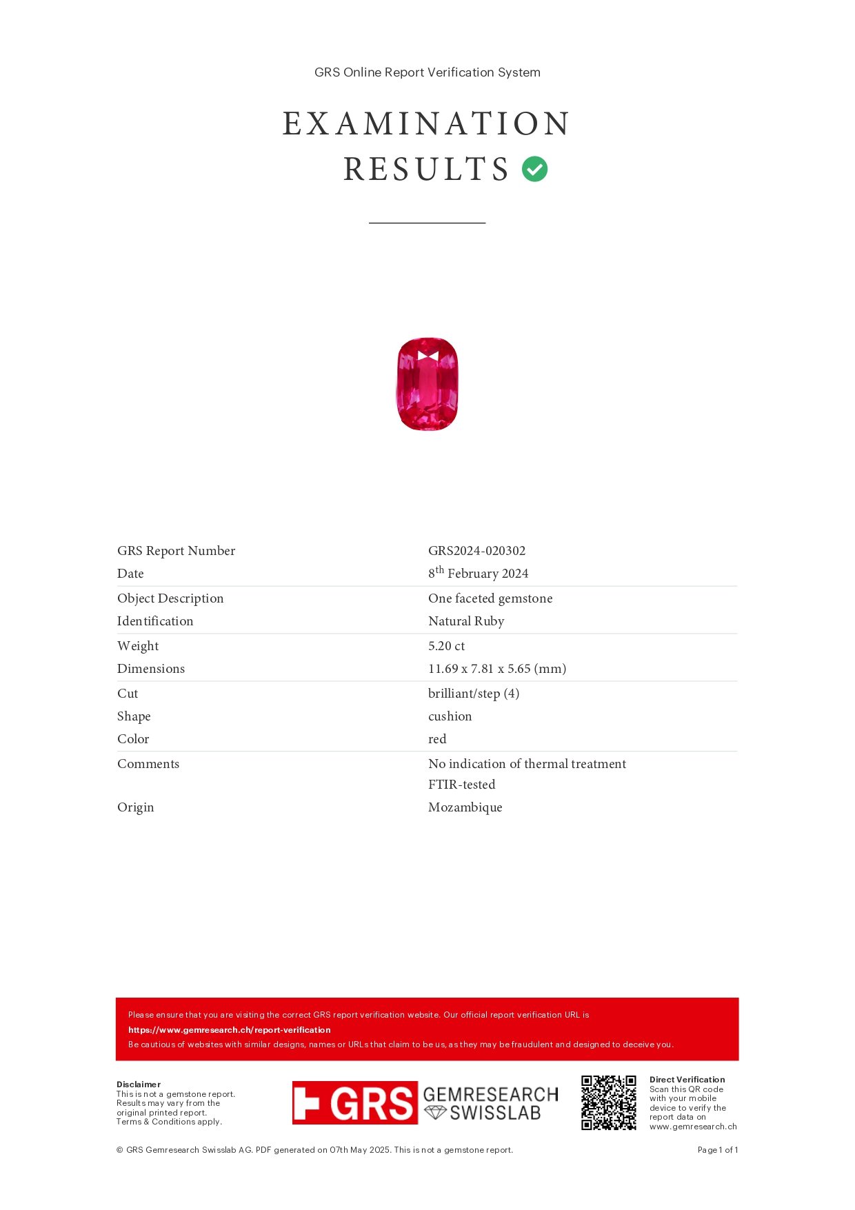 Unheated Vibrant pinkish-red ruby in cushion cut 5.20 carats, Mozambique Image №6