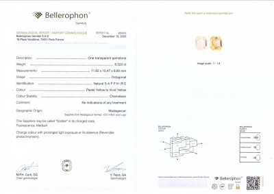 Certificate Unheated Golden Vivid Yellow sapphire in octagon cut  8.32 carats, Madagascar