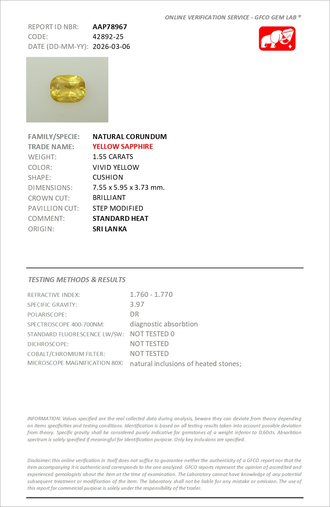 Sapphire Vivid Yellow  cushion cut 1.55 carats, Sri Lanka Image №6