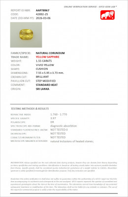 Certificate Sapphire Vivid Yellow  cushion cut 1.55 carats, Sri Lanka