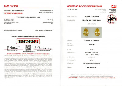 Certificate Pair unheated yellow sapphires pear cut 1.17, Madagascar