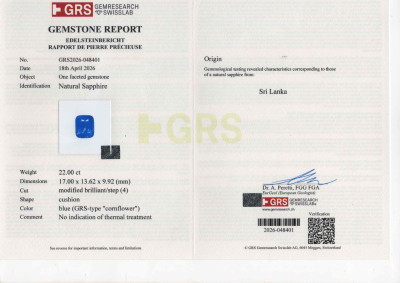 Certificate Collectible unheated Cornflower Blue sapphire in cushion cut 22 carats, Sri Lanka, GRS