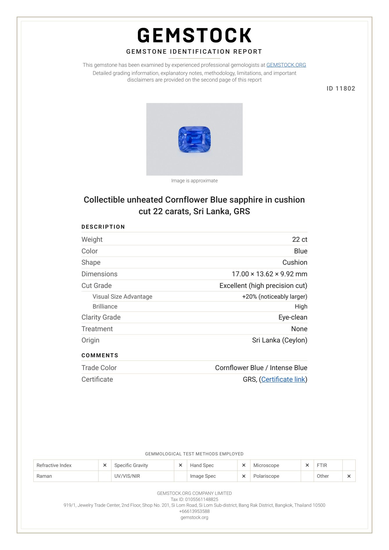 Collectible unheated Cornflower Blue sapphire in cushion cut 22 carats, Sri Lanka, GRS Image №6