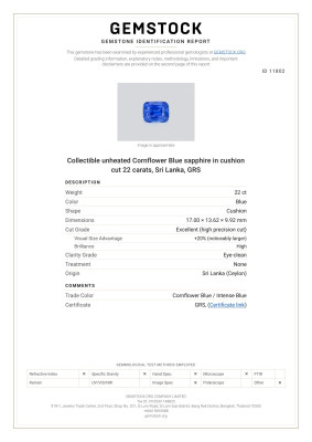 Certificate Collectible unheated Cornflower Blue sapphire in cushion cut 22 carats, Sri Lanka, GRS