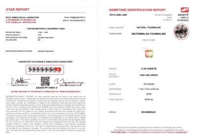 Certificate Watermelon tourmaline emerald cut 2.18 ct, Mozambique