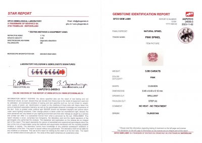 Certificate Pamir pink cushion cut spinel 3.99 ct