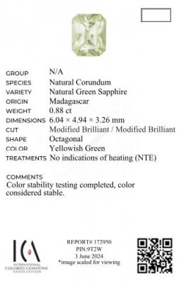 Certificate Unheated pastel green sapphire in radiant cut 0.88 carats, Madagascar