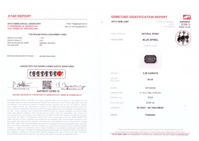 Certificate Octagon-cut deep blue spinel 3.29 carats, Tanzania