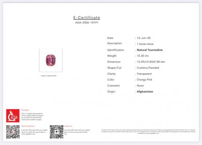 Certificate Tourmaline cushion cut 10.30 carats, Afghanistan