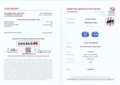 Certificate Pair of tanzanites cushion cut 14.51 carats, Tanzania 