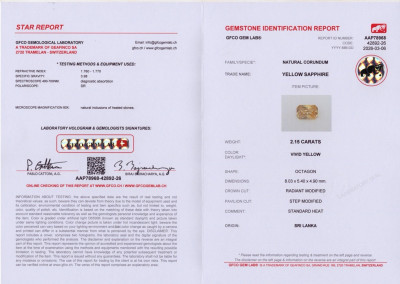 Certificate Sapphire Vivid Yellow radiant cut  2.15 carats, Sri Lanka