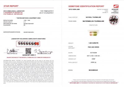 Certificate Watermelon tourmaline emerald cut 1.65 ct, Mozambique