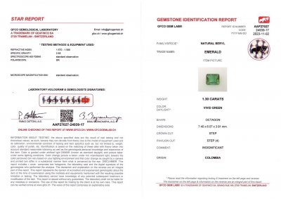 Certificate Vivid Green emerald from Colombia in octagon cut 1.30 ct