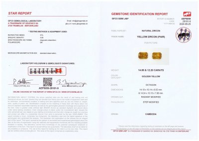 Certificate Large pair of radiant-cut yellow zircons 26.86 carats, Cambodia