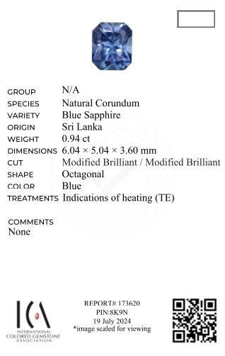 Radiant cut blue sapphire 0.94 carats, Sri Lanka Image №6