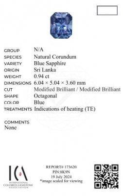 Certificate Radiant cut blue sapphire 0.94 carats, Sri Lanka