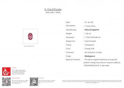 Certificate Unheated sapphire Padparadscha in oval cut 1.60 carats, Madagascar