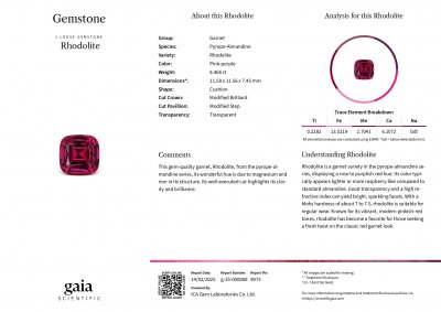 Certificate Garnet rhodolite cushion cut 8.46 carats, Tanzania