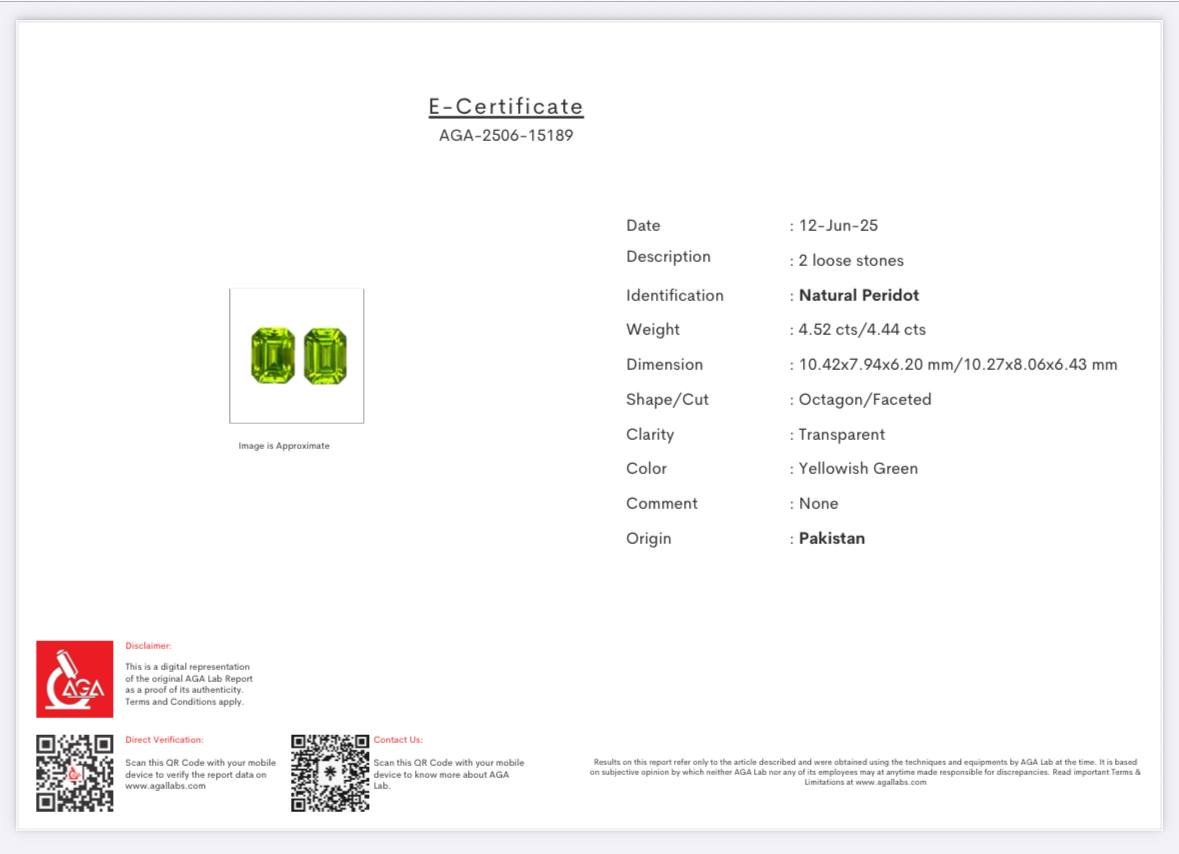 Pair of peridots yellow green octagon cut 8.96 carats, Pakistan  Image №5